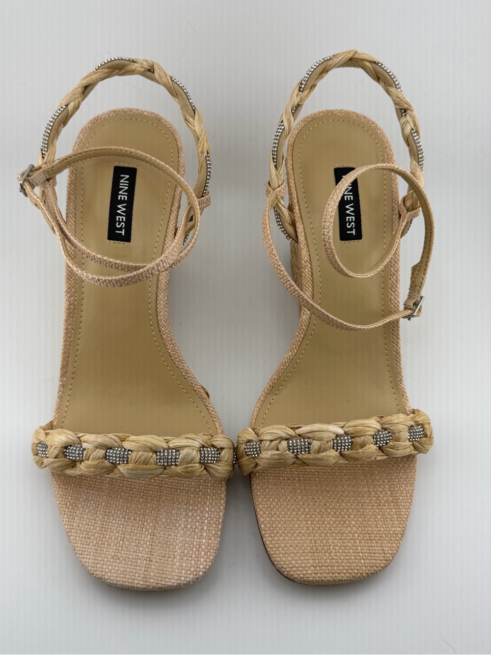 Nine West Nashy3 Wedge Sandals Light Natural Rhinestone Braided 8.5M New Box